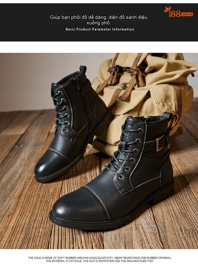 Giày Boot Công Sở Nam Cổ Cao Da Bóng Buộc Dây Khóa Bên Chiều Cao Đế Khoảng 3cm Màu Đen, Xám, Xanh Navy, Kem chi tiết 18