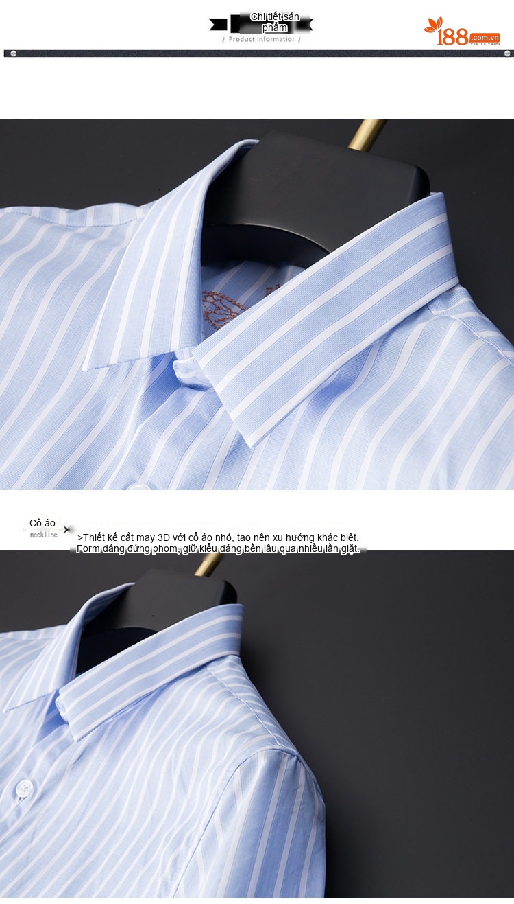 Áo Sơ Mi Nam Tay Ngắn Cotton Kẻ Sọc Xanh Trắng Thêu Ong Slim Fit chi tiết 9