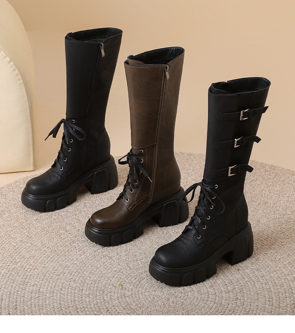 Boot Nữ Da Bò Cổ Cao Thắt Dây Khóa Cài Chiều Cao Đế Khoảng 10cm Màu Đen, Nâu chi tiết 12
