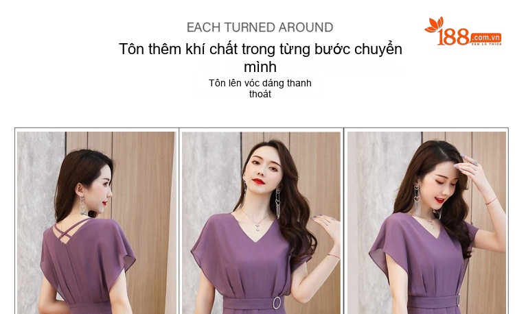 Váy Liền Thân Nữ Cổ chữ V Tay Ngắn Thanh Lịch Màu Đen, Tím, Hồng chi tiết 8