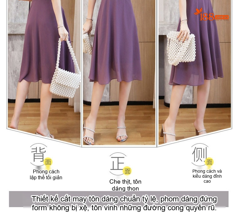 Váy Liền Thân Nữ Cổ chữ V Tay Ngắn Thanh Lịch Màu Đen, Tím, Hồng chi tiết 9