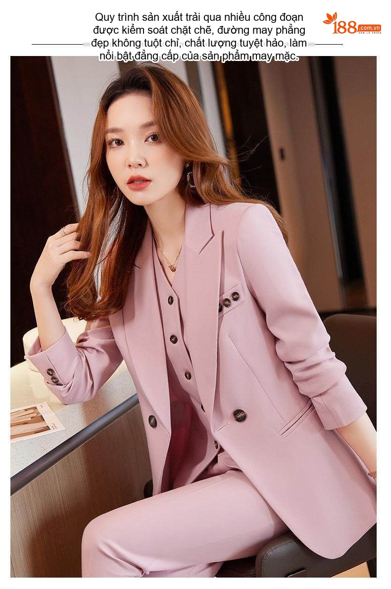 Bộ Vest Công Sở Nữ 3 Món Áo Khoác, Áo Gile, Quần Dài Màu Hồng, Kem, Xanh Navy chi tiết 12