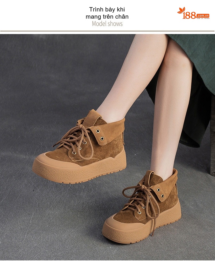 Boot Nữ Da Bò Cổ Lật Kiểu Anh Quốc Chiều Cao Đế Khoảng 4cm Màu Nâu chi tiết 7