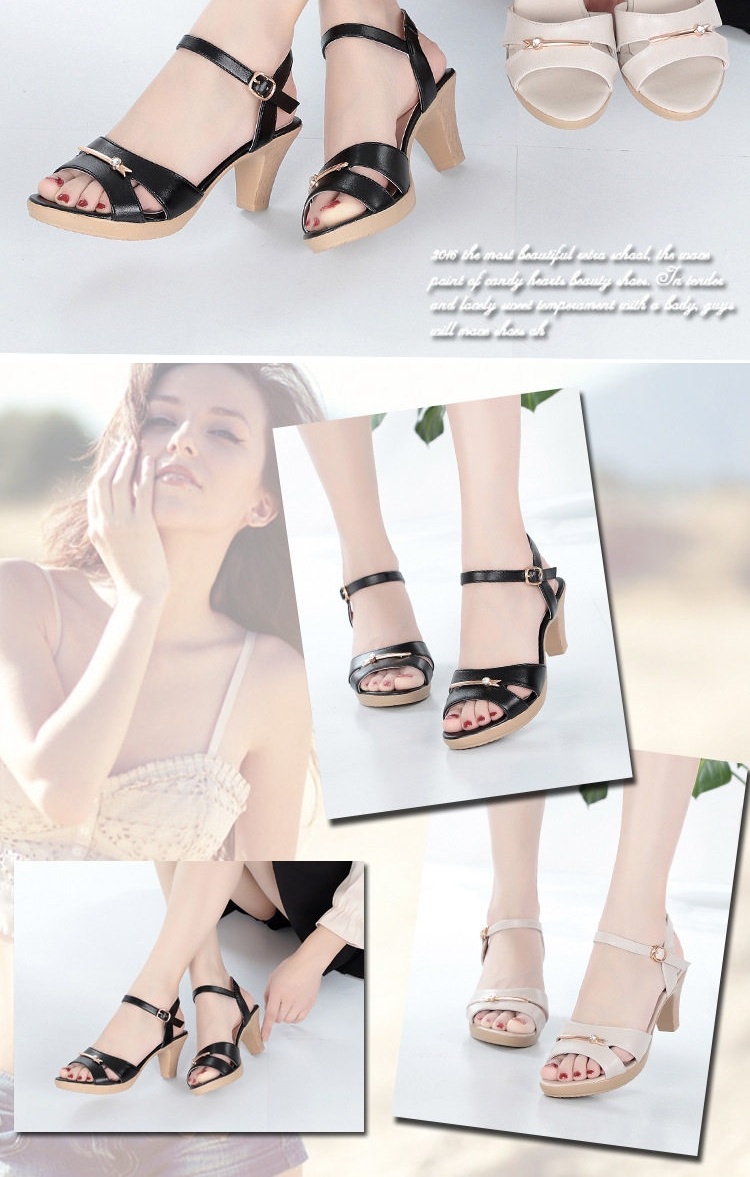 Giày Sandal Cao Gót Nữ Quai Ngang Gót Vuông Da Mờ Gót Cao 7cm - 8cm Màu Kem, Đen chi tiết 2