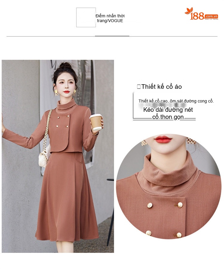 Váy Liền Thân Nữ Thiết Kế Giả Hai Lớp dáng chữ A Sang Trọng Màu Nâu, Đen, Xanh Olive chi tiết 6