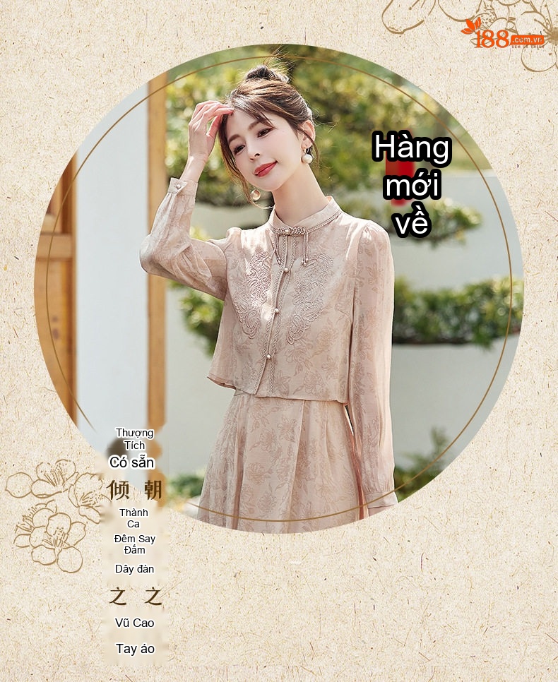 Váy Liền Thân Nữ Phong Cách Trung Hoa Cổ Điển Thiết Kế Tiểu Thư Tay Dài Màu Be chi tiết 11