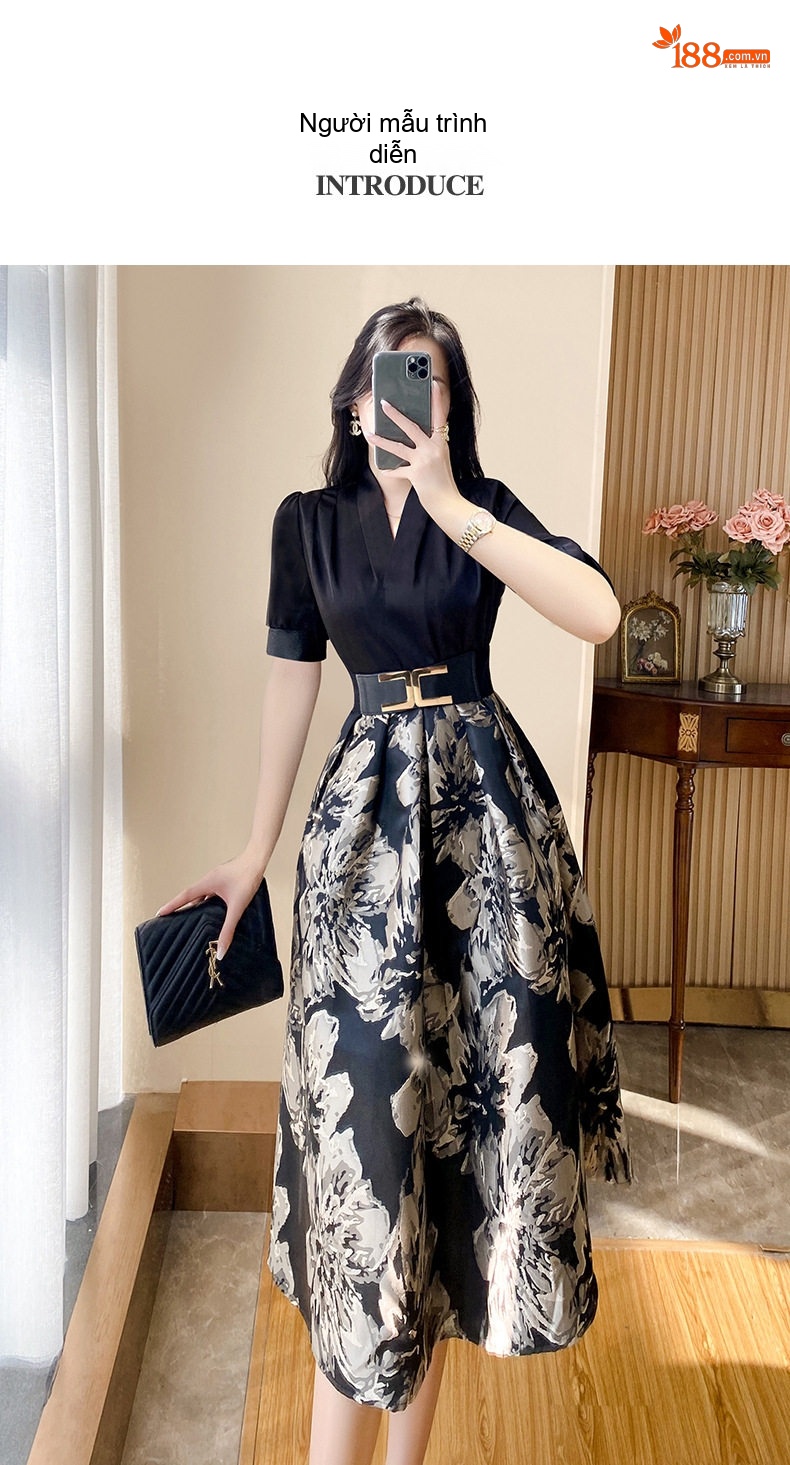 Váy Liền Thân Nữ Thiết Kế Dáng Xòe Eo Cao Họa Tiết Hoa Phong Cách Vintage Màu Đen chi tiết 6