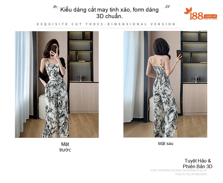 Jumpsuit Nữ Dây Đeo In Họa Tiết Phong Cách Tiểu Thư Quần Ống Rộng Màu Trắng, Đen chi tiết 4