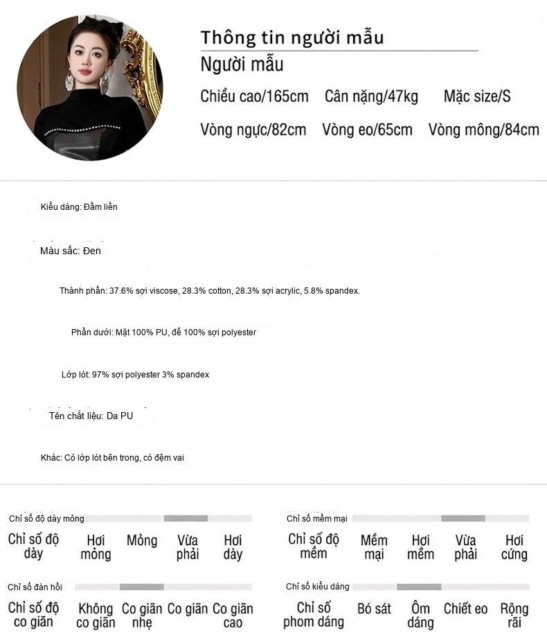 Đầm Ôm Body Nữ Da PU Cổ Cao Tay Dài Phong Cách Gợi Cảm Màu Đen chi tiết 2