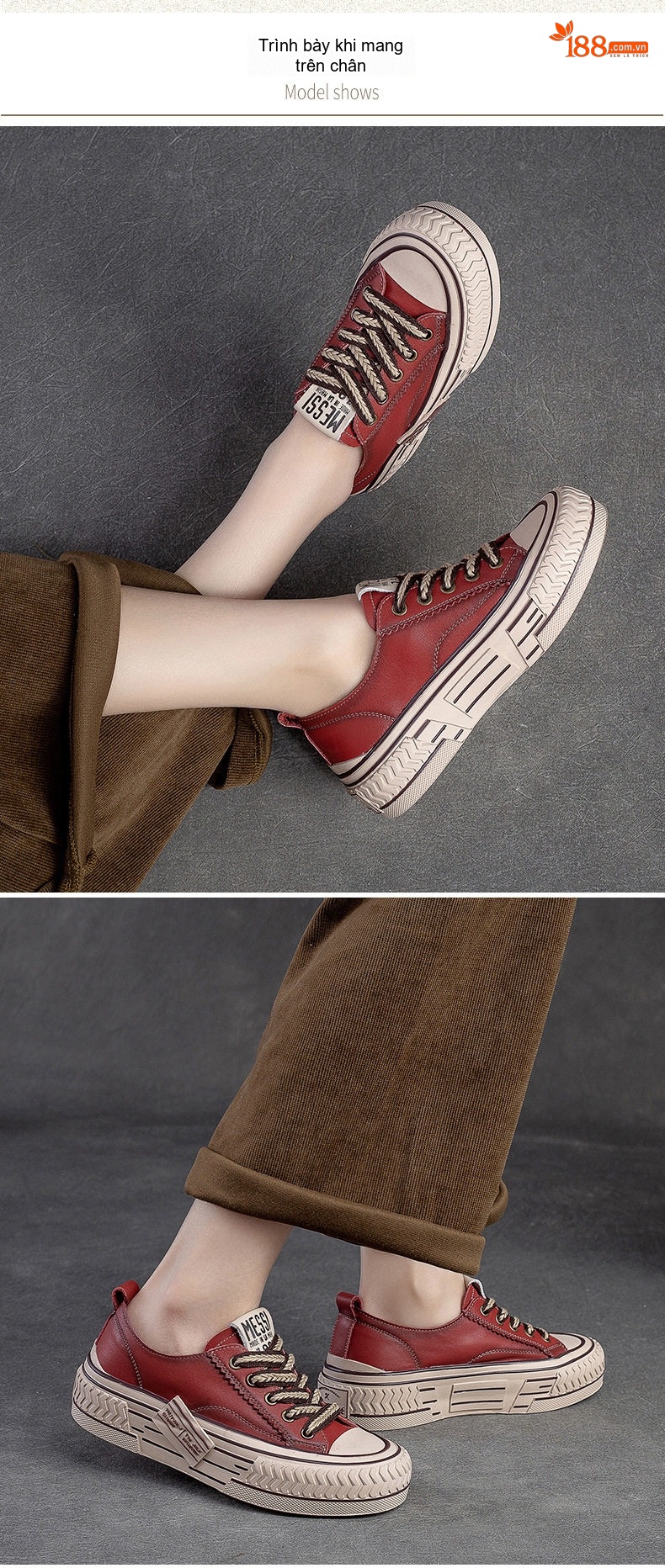 Giày Sneaker Nữ Cổ Thấp Da Bò Buộc Dây Chiều Cao Đế Khoảng 3cm Màu Đỏ, Xanh Lá, Kem... chi tiết 9