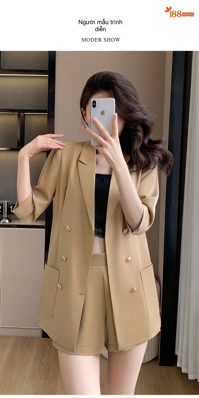 Bộ Vest Nữ Mùa Hè Áo Blazer Tay Lỡ Quần Short Ống Rộng Màu Xanh Lá, Kaki chi tiết 14