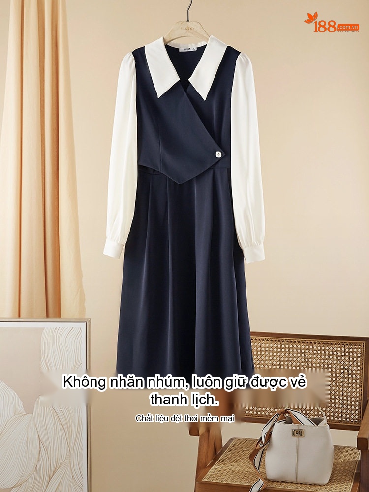 Váy liền thân Nữ dáng chữ A Thiết Kế Giả Hai Lớp Tay Dài Cổ Sơ Mi Thanh Lịch Màu Đen, Trắng