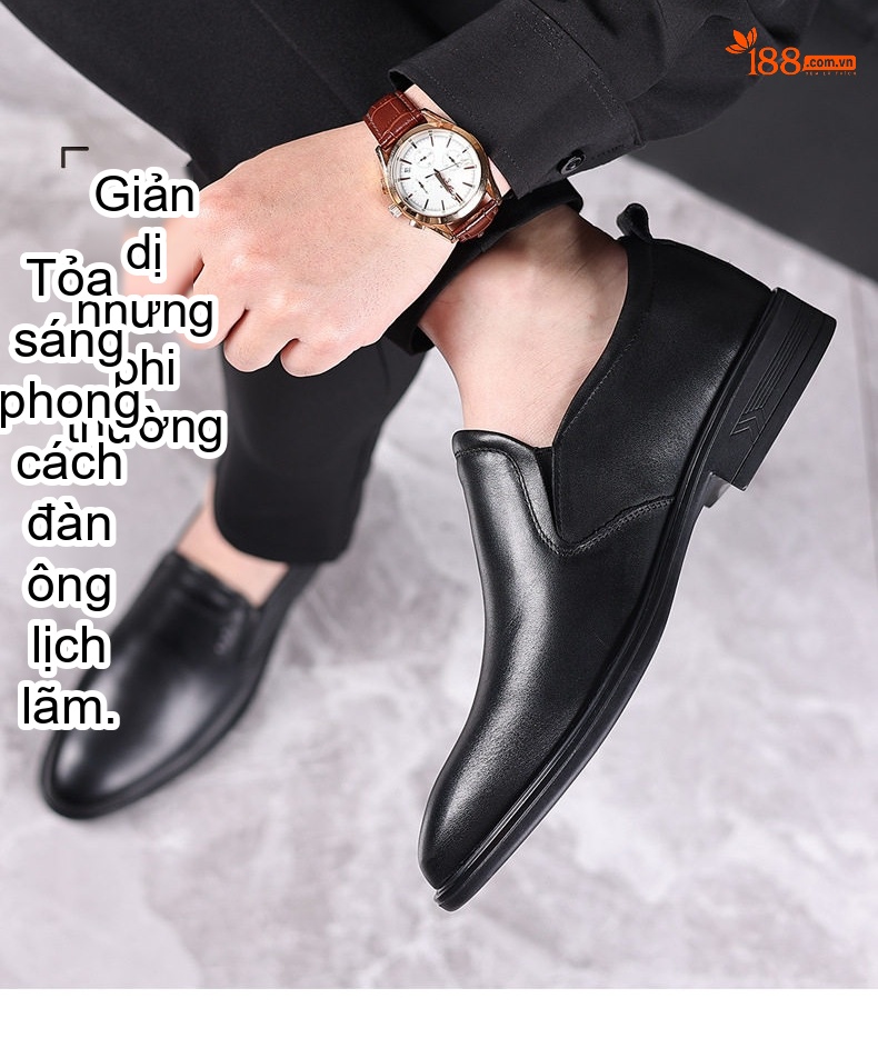 Giày Lười Nam Da Bò Mũi Nhọn Chiều Cao Đế Khoảng 3cm Màu Đen chi tiết 5