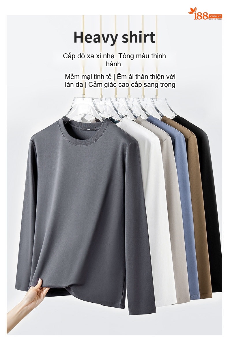 Áo Thun Dài Tay Nam Cotton Lụa Xử Lý Amoniac Màu Trắng, Kem, Nâu, Đen chi tiết 12