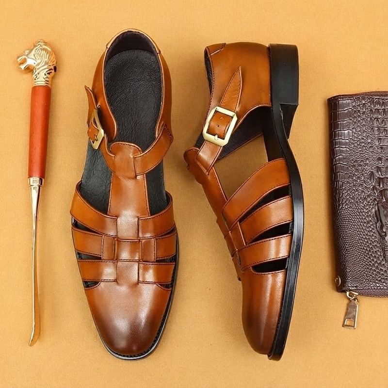 Sandal Rọ Nam Da Bò Mùa Hè Chiều Cao Đế Khoảng 3cm Màu Đen, Nâu