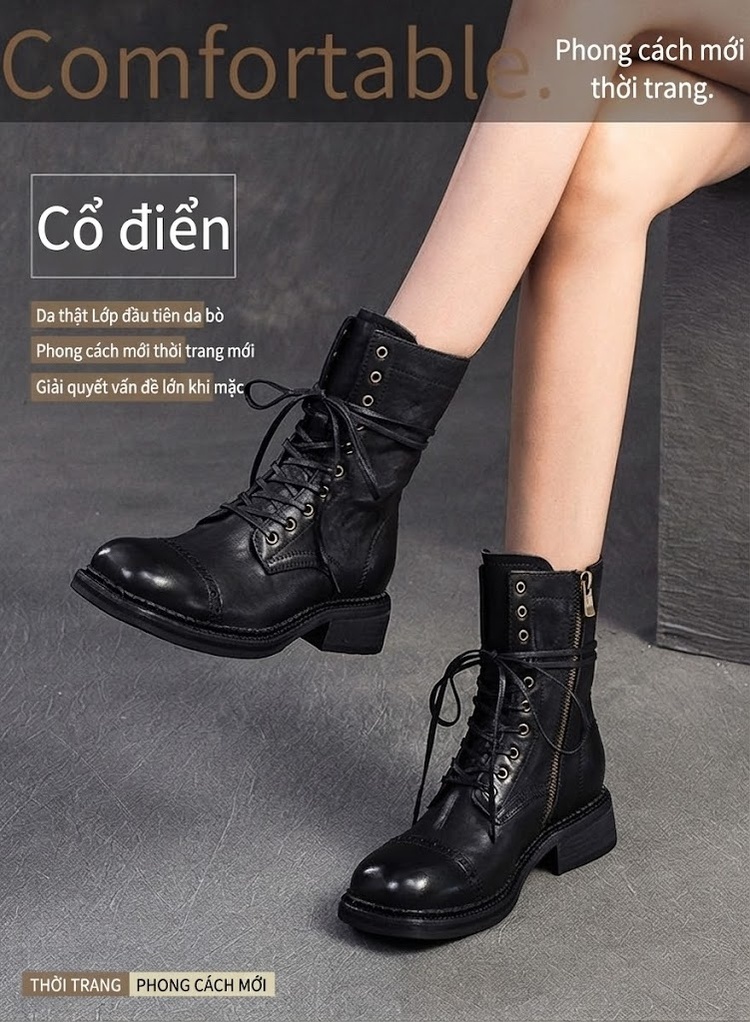 Boot Nữ Cổ Cao Da Bóng Kiểu Anh Chiều Cao Đế Khoảng 3cm Màu Đen, Nâu chi tiết 1