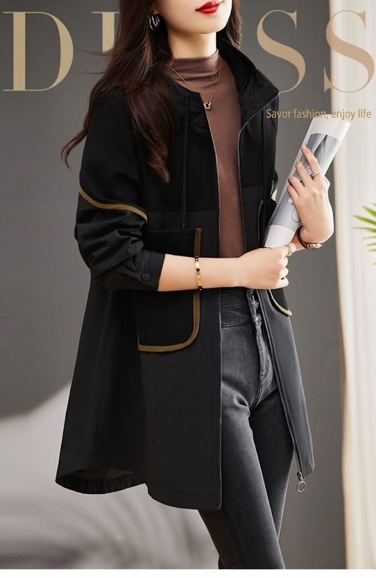 Áo Khoác Gió Nữ Dáng Dài Vừa Cỡ Nhỏ, Mẫu Mới Thu Đông, Dáng Rộng, Có Mũ Trùm Đầu Màu Đen chi tiết 1