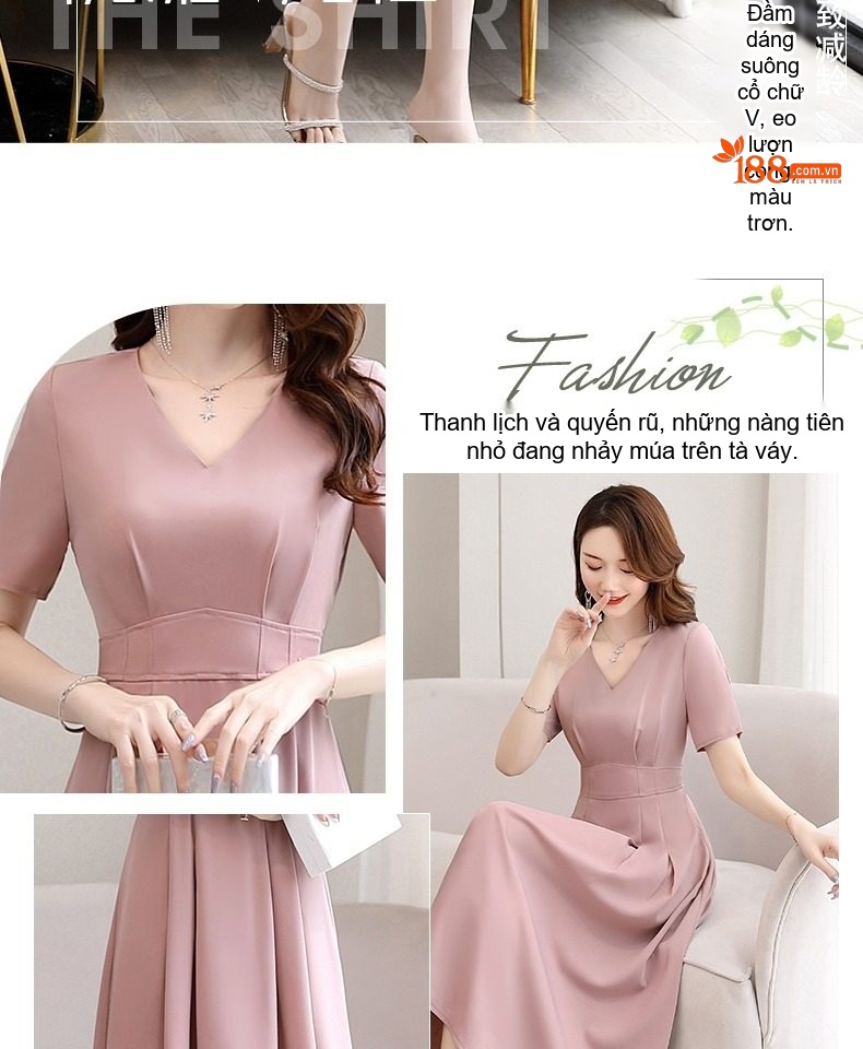 Váy Xòe Chữ A Cổ chữ V Tay Ngắn Thanh Lịch Màu Đen, Hồng, Xanh Mint chi tiết 2