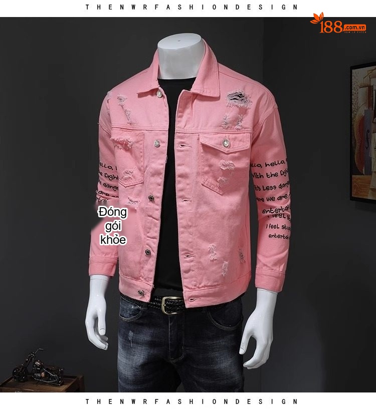 Áo Khoác Jean Nam Slimfit In Chữ Thời Trang Màu Trắng, Hồng chi tiết 10
