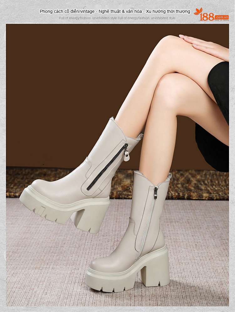 Boot Martin Nữ Da Thật Đế Cao 12cm Phong Cách Anh Quốc Màu Đen, Trắng chi tiết 5