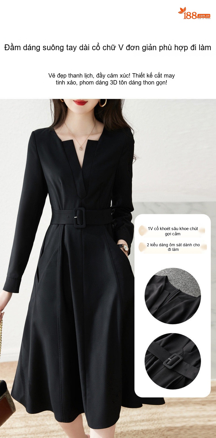 Váy Chữ A Nữ Cổ chữ V Tay Dài Tay Eo Cao Thanh Lịch Màu Xanh Olive, Đen chi tiết 17