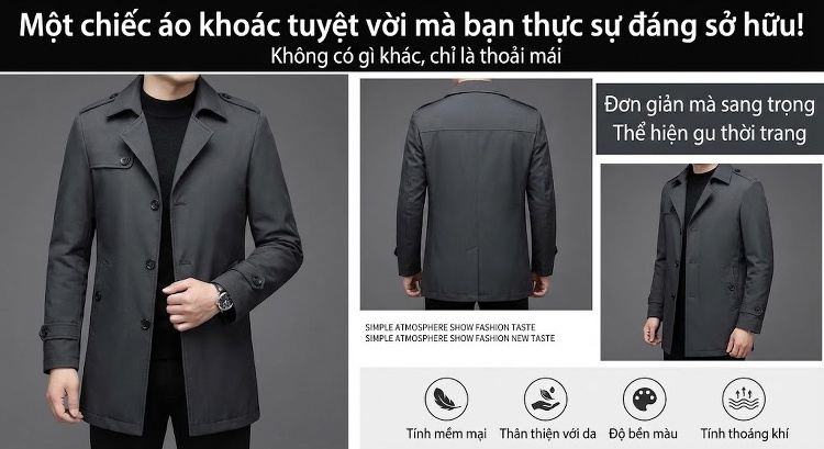 Áo Khoác Mangto Nam Dáng Ôm Vừa Vặn Phong Cách Hàn Quốc Màu Đen, Xanh Navy, Xanh Olive chi tiết 2