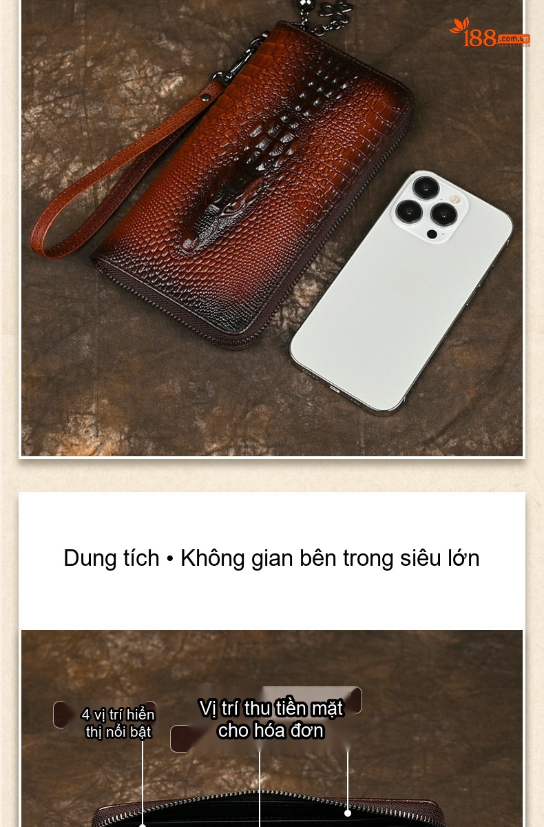 Ví Dài Cầm Tay Nam Da Bò Vân Cá Sấu Nhiều Ngăn Màu Nâu, Đen chi tiết 2