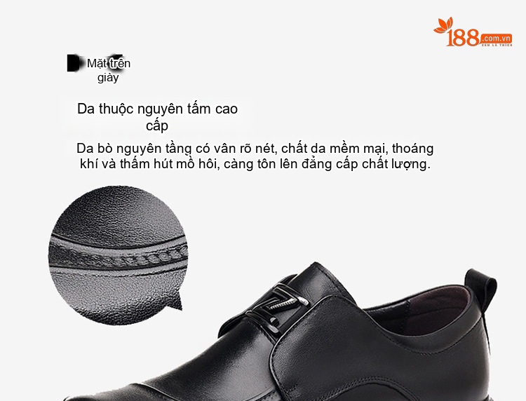 Giày Tây Buộc Dây Nam Da Bò Chiều Cao Đế Khoảng 3cm Màu Đen chi tiết 15