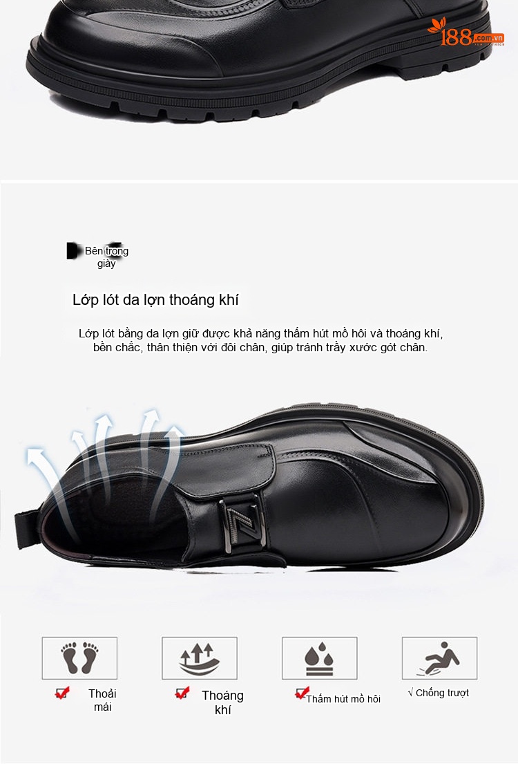 Giày Tây Buộc Dây Nam Da Bò Chiều Cao Đế Khoảng 3cm Màu Đen chi tiết 16