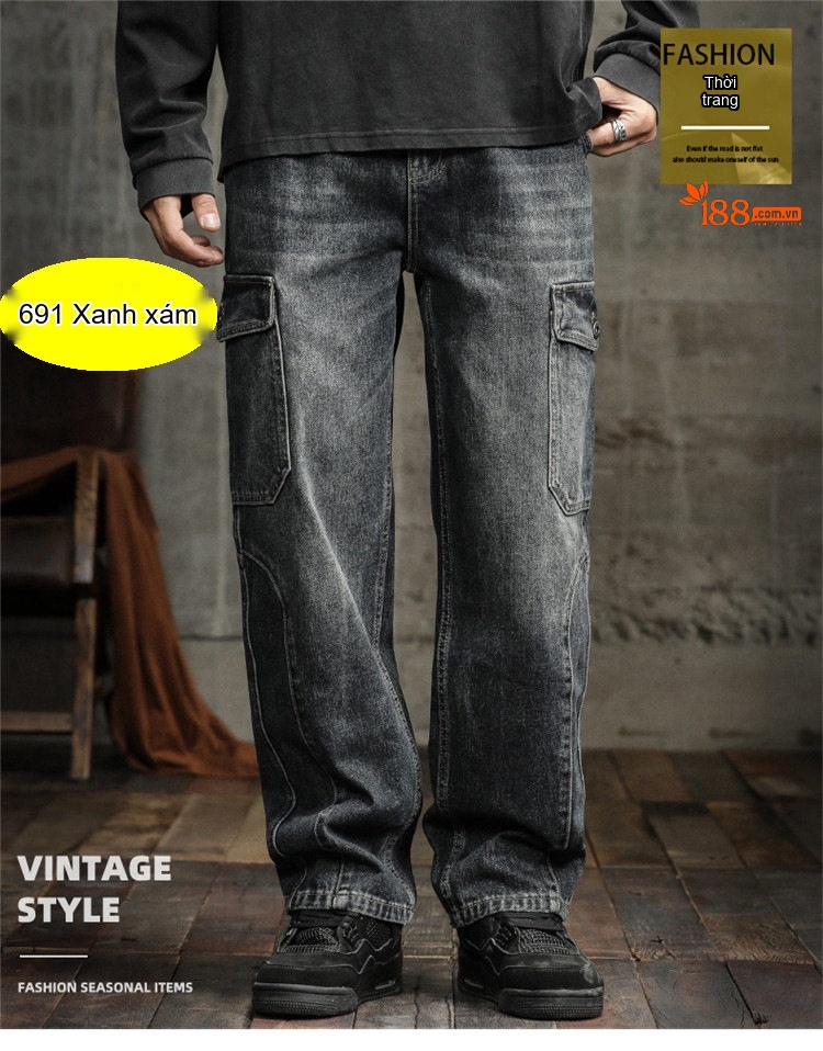 Quần Jean Cargo Nam Ống Rộng Thẳng Lưng Thun Co Giãn Nhiều Túi Phong Cách Retro Màu Xám Đen chi tiết 10