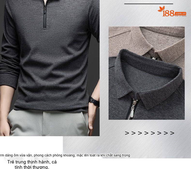 Áo Polo Nam Dài Tay Khóa Kéo Chất Liệu Cotton, Lụa Tằm, Len Lông Cừu Phong Cách Tối Giản Màu Xanh Navy, Nâu, Xám, Đen... chi tiết 3