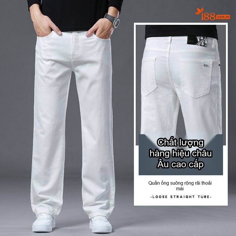 Quần Jean Dài Nam Ống Rộng Cotton Dáng Thường Màu Trắng, Đen
