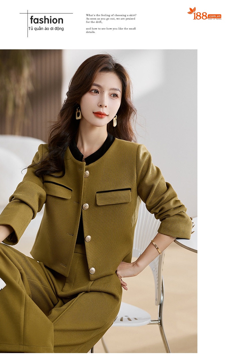 Bộ Vest Nữ Quần Ống Rộng Công Sở Thanh Lịch Màu Đen, Xanh Rêu, Nâu chi tiết 18