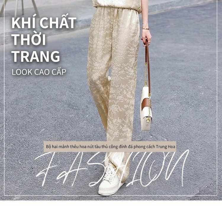 Bộ Quần Áo Nữ Họa Tiết Thêu, Cổ Tàu, Tay Ngắn Phong Cách Retro Màu Vàng, Hồng chi tiết 2