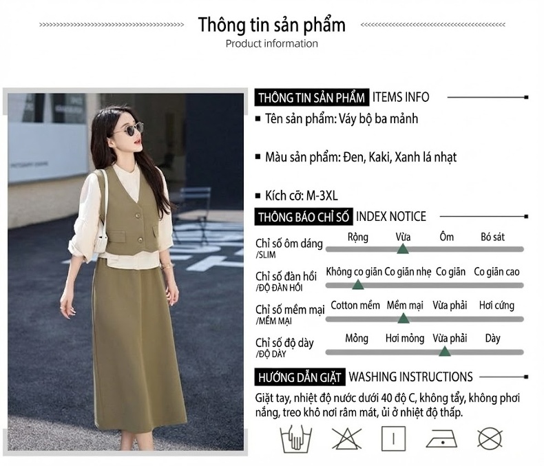 Set Bộ Vest Gile Nữ Áo Dài Tay Chân Váy Midi Thanh Lịch Màu Đen, Be, Xanh Olive chi tiết 9