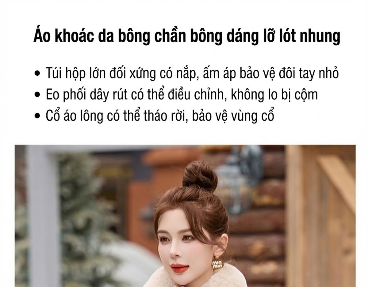 Áo Khoác Phao Nữ Dáng Dài Da PU Lót Lông Cừu Giữ Ấm Màu Nâu, Đen chi tiết 10