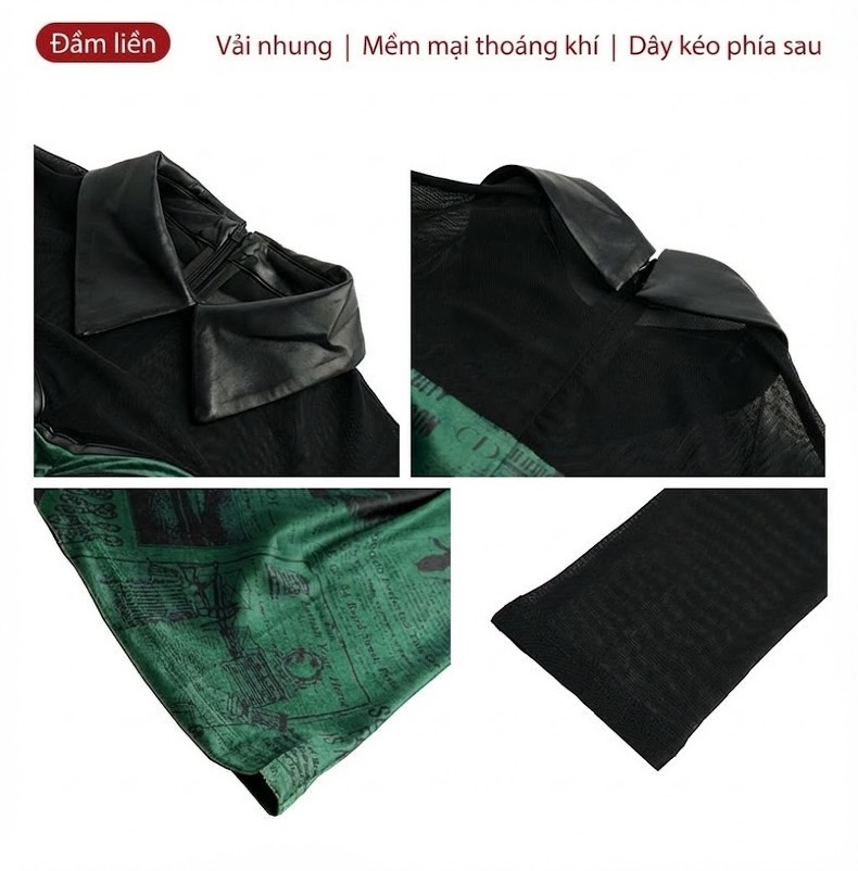 Váy Lụa Nhung Dài Tay Cổ Búp Bê Viền Bèo Tầng Màu Xanh Lá chi tiết 5