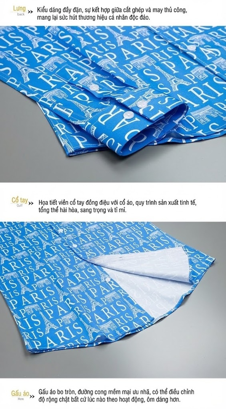 Áo Sơ Mi Dài Tay Nam Cotton In Hình Tháp Eiffel Paris Màu Xanh Lam, Trắng chi tiết 8