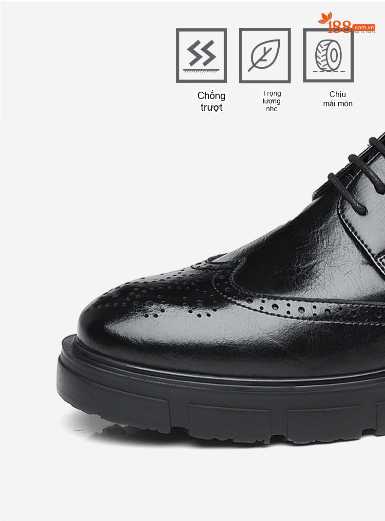 Giày Tây Brogue Tăng Chiều Cao Nam Da Bò Chiều Cao Đế 8cm Màu Đen chi tiết 7