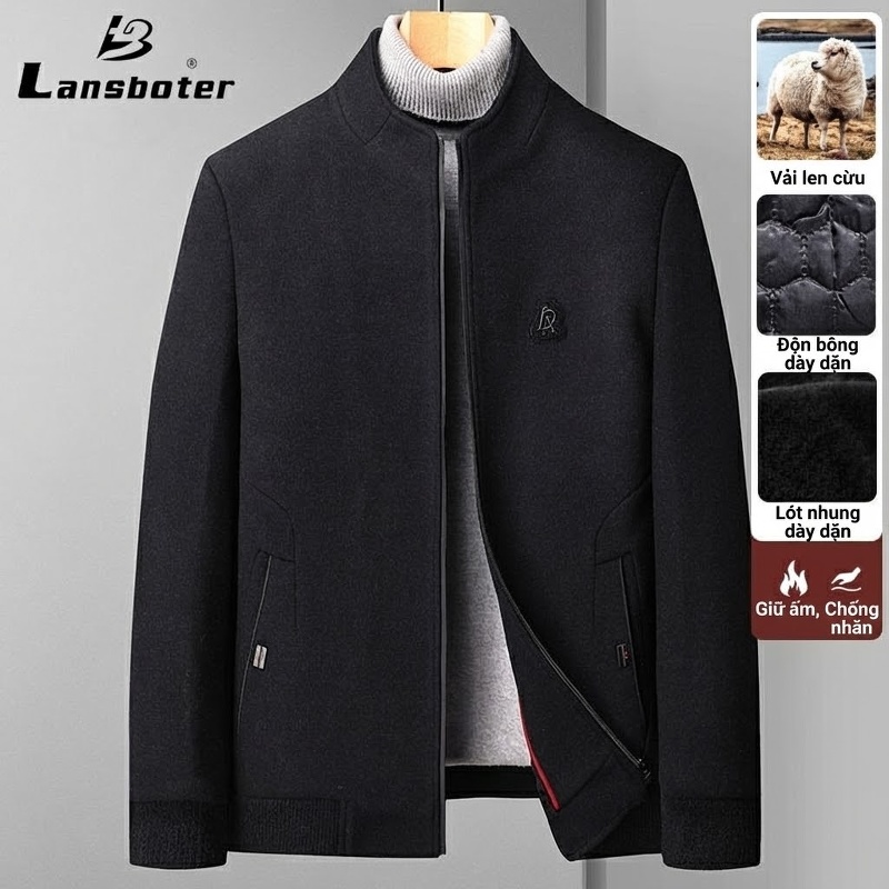 Áo Khoác Nam Cổ Trụ Lót Lông Cừu Mùa Thu Đông Màu Đen, Xanh Navy, Xám