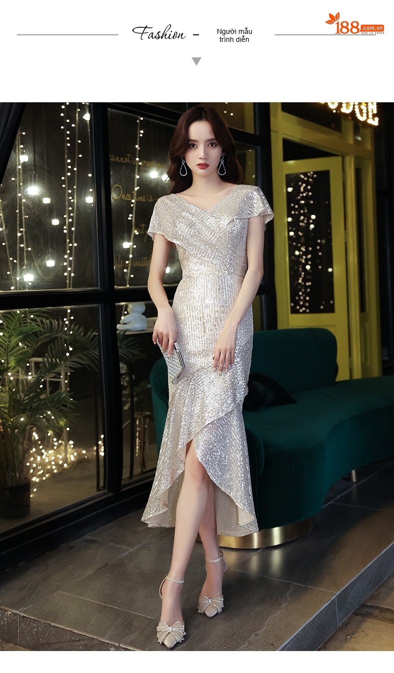 Váy Dạ Hội Nữ Đính Kim Sa Dáng Ôm Đuôi Cá Dài Đến Bắp Chân Thanh Lịch Màu Trắng Bạc chi tiết 8