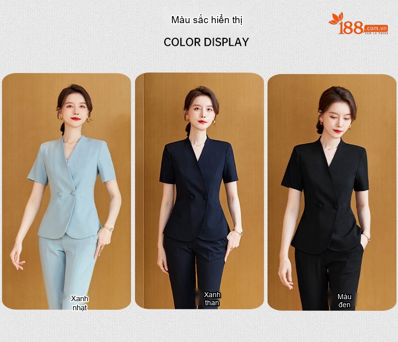 Bộ Vest Công Sở Nữ Tay Ngắn Cổ chữ V Màu Xanh Lam, Đen chi tiết 7