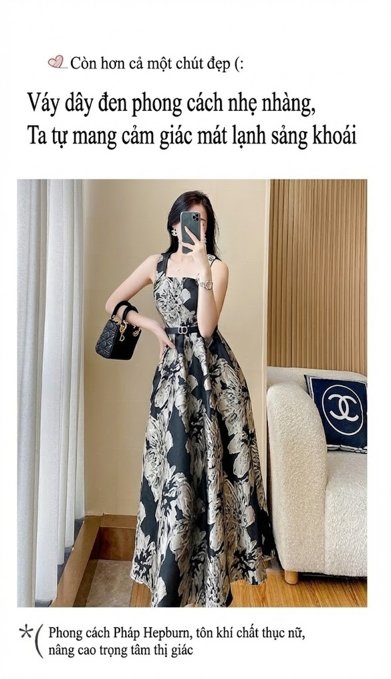 Đầm Dây Vintage Họa Tiết Hoa A-Line Dáng Dài Che Bụng Màu Đen, Vàng chi tiết 2