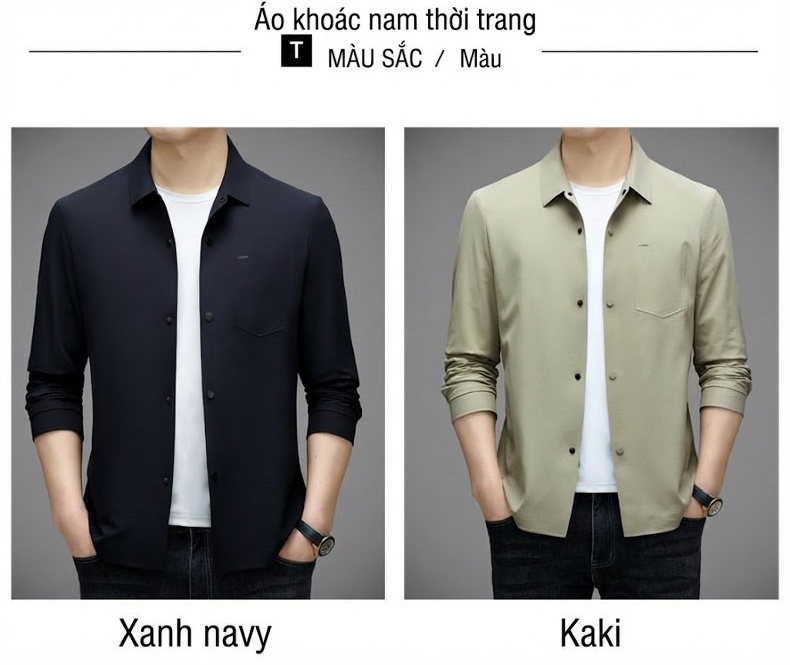 Áo Khoác Nam Trung Niên Mỏng Dáng Rộng Cổ Bẻ Màu Xanh Navy, Be chi tiết 8