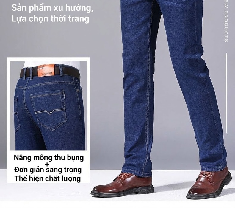 Quần Jean Nam Dáng Suông Co Giãn Thoải Mái Màu Xanh Navy, Đen chi tiết 4