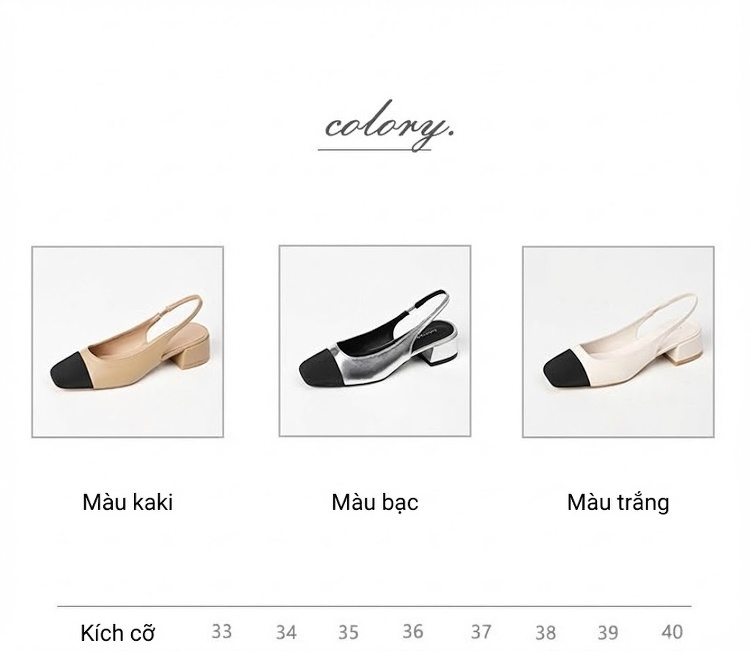 Giày Slingback Nữ Mũi Vuông Gót Trụ Bít Mũi Hở Gót Chiều Cao Đế Khoảng 3.5cm Màu Đen, Kem, Bạc chi tiết 4