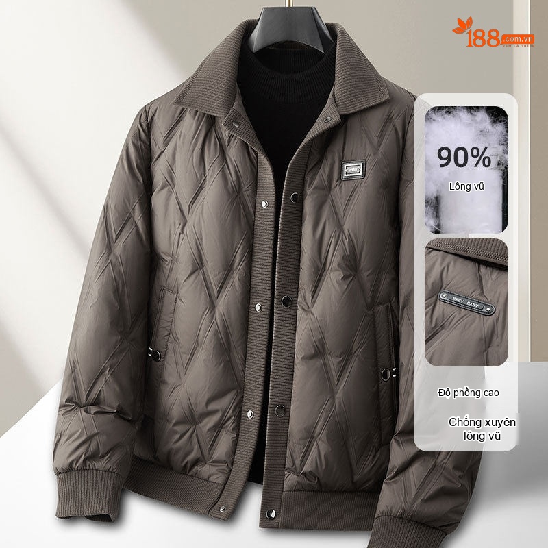 Áo Khoác Phao Nam 90% Lông Vịt Cổ Bẻ Gân Bo Tay Phong Cách Công Sở Màu Nâu, Xám