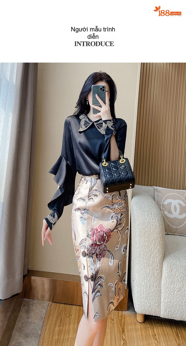 Set Áo Sơ Mi Tay Dài Cổ Nơ và Chân Váy Ôm Satin Cao Cấp Màu Đen, Vàng Be chi tiết 11