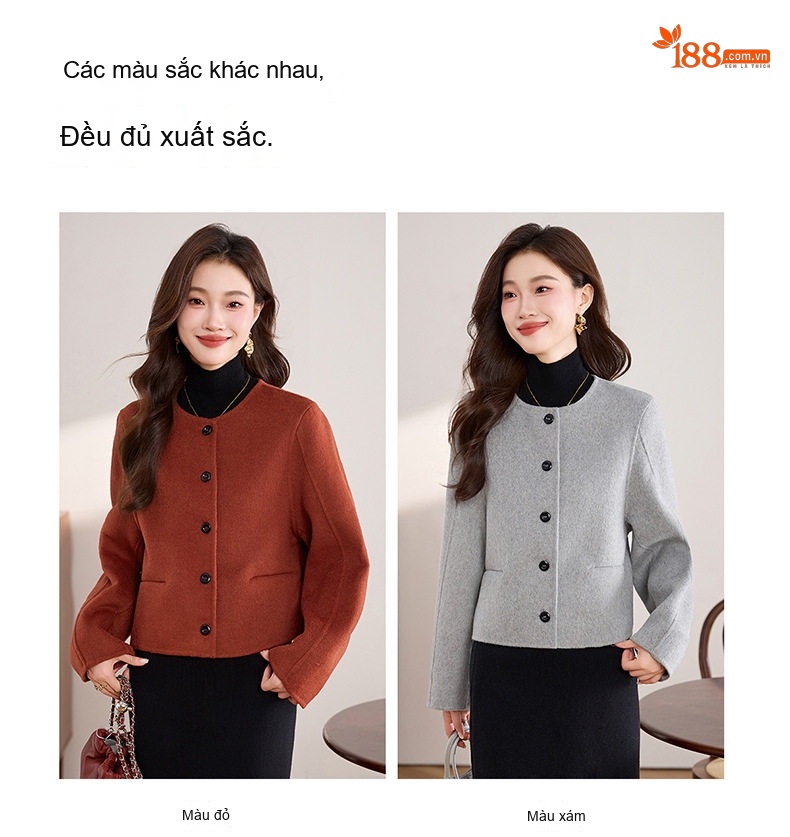 Áo Khoác Dạ Nữ Hai Mặt Phong Cách Tiểu Thư Ngắn Tay Màu Nâu, Xám chi tiết 4