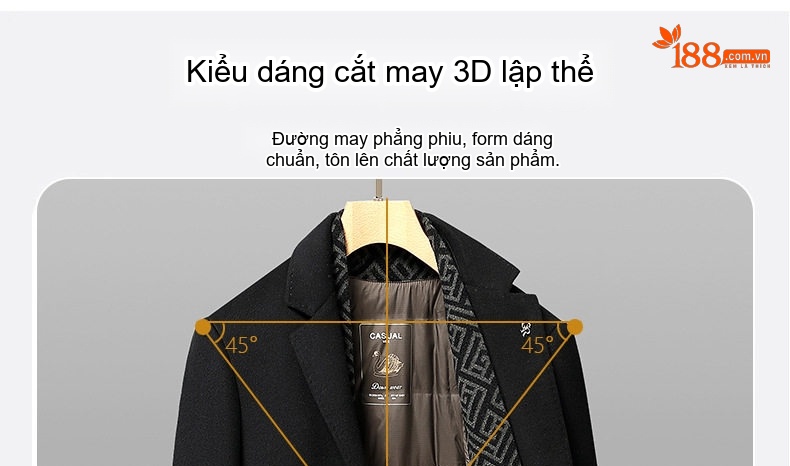 Áo Khoác Dạ Nam Lót Lông Vũ Cổ Khăn Choàng Tháo Rời Màu Đen, Nâu, Xám chi tiết 8